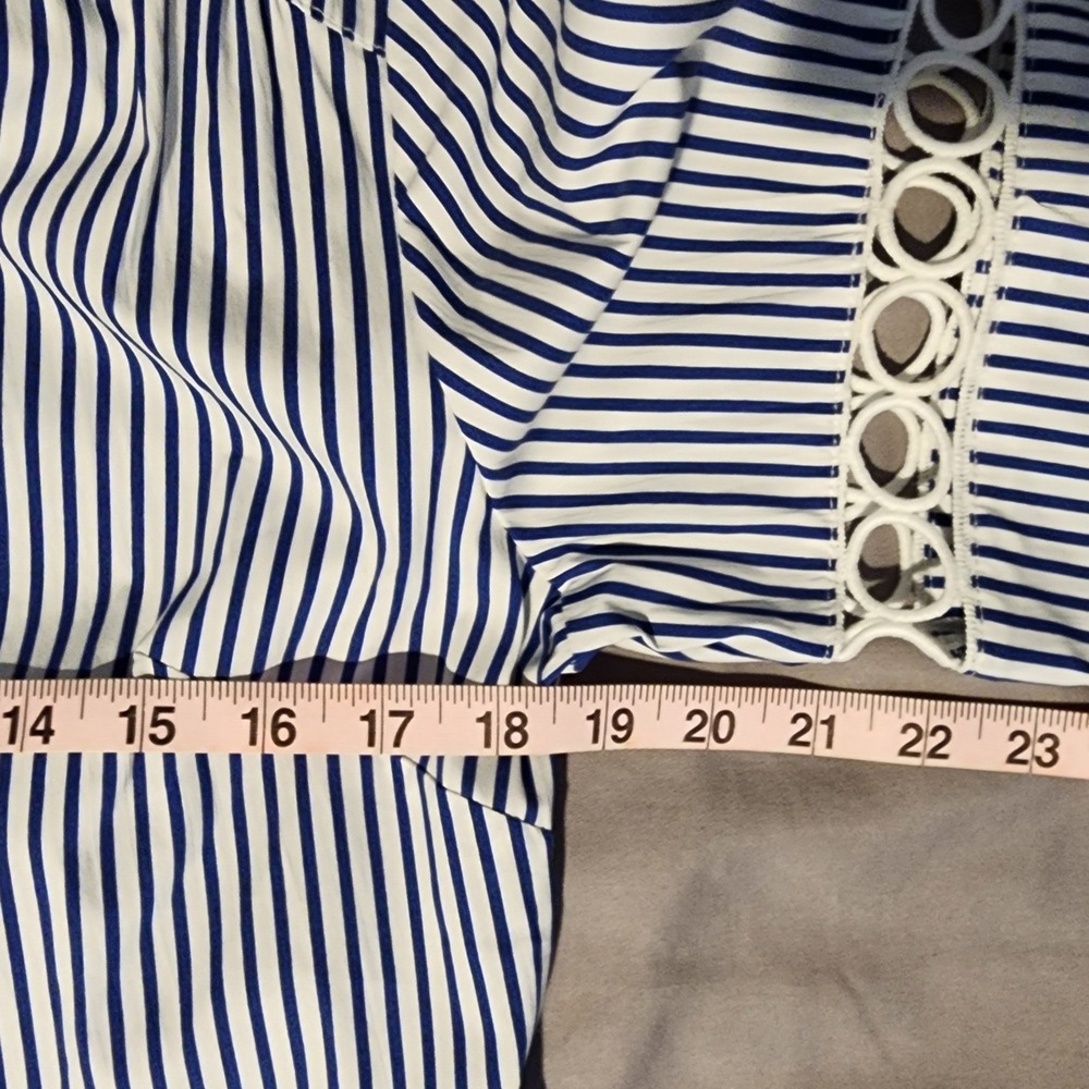 Joan Rivers Blue White Striped Tiered Shirt Dress Crochet Trim XS - Picture 6 of 7